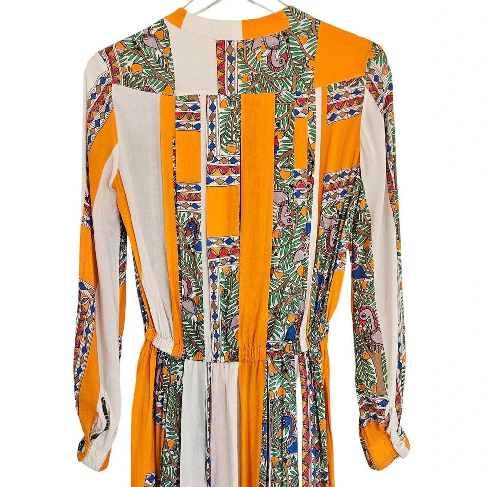 Tory Burch Orange Cream Silk Geometric Botanical Print Midi Dress Size‎ 2